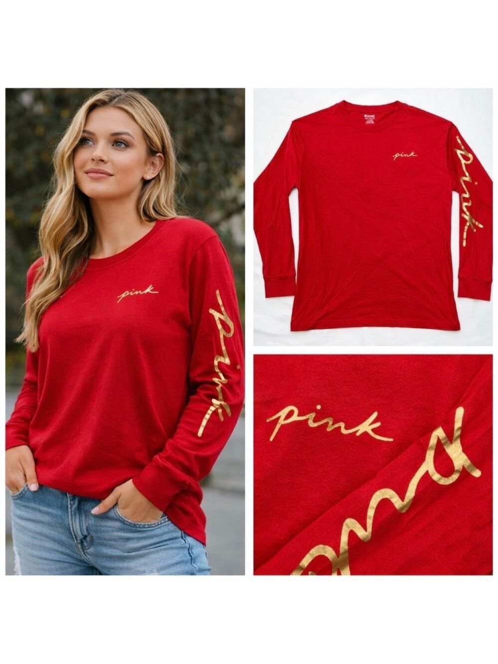 VICTORIA’S SECRET PINK CAMPUS T-SHIRT RED GOLD SCRIPT LONG SLEEVE LOGO LARGE